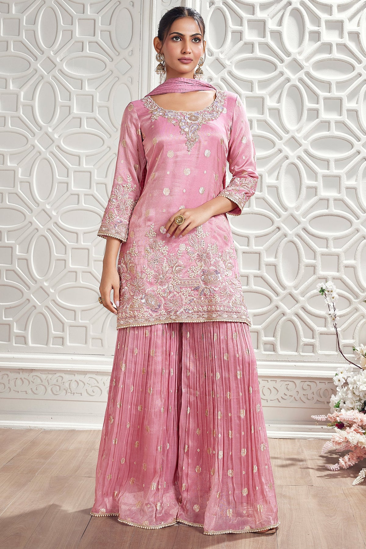 Pink Tissue Woven Straight Cut Sharara Suit with Sequin and Cutdana Floral Work