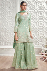 Green Tissue Woven Straight Cut Sharara Suit with Sequin and Cutdana Floral Work