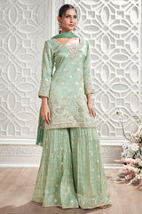 Green Tissue Woven Straight Cut Sharara Suit with Sequin and Cutdana Floral Work