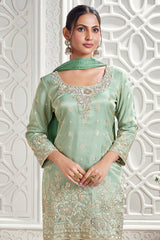 Green Tissue Woven Straight Cut Sharara Suit with Sequin and Cutdana Floral Work