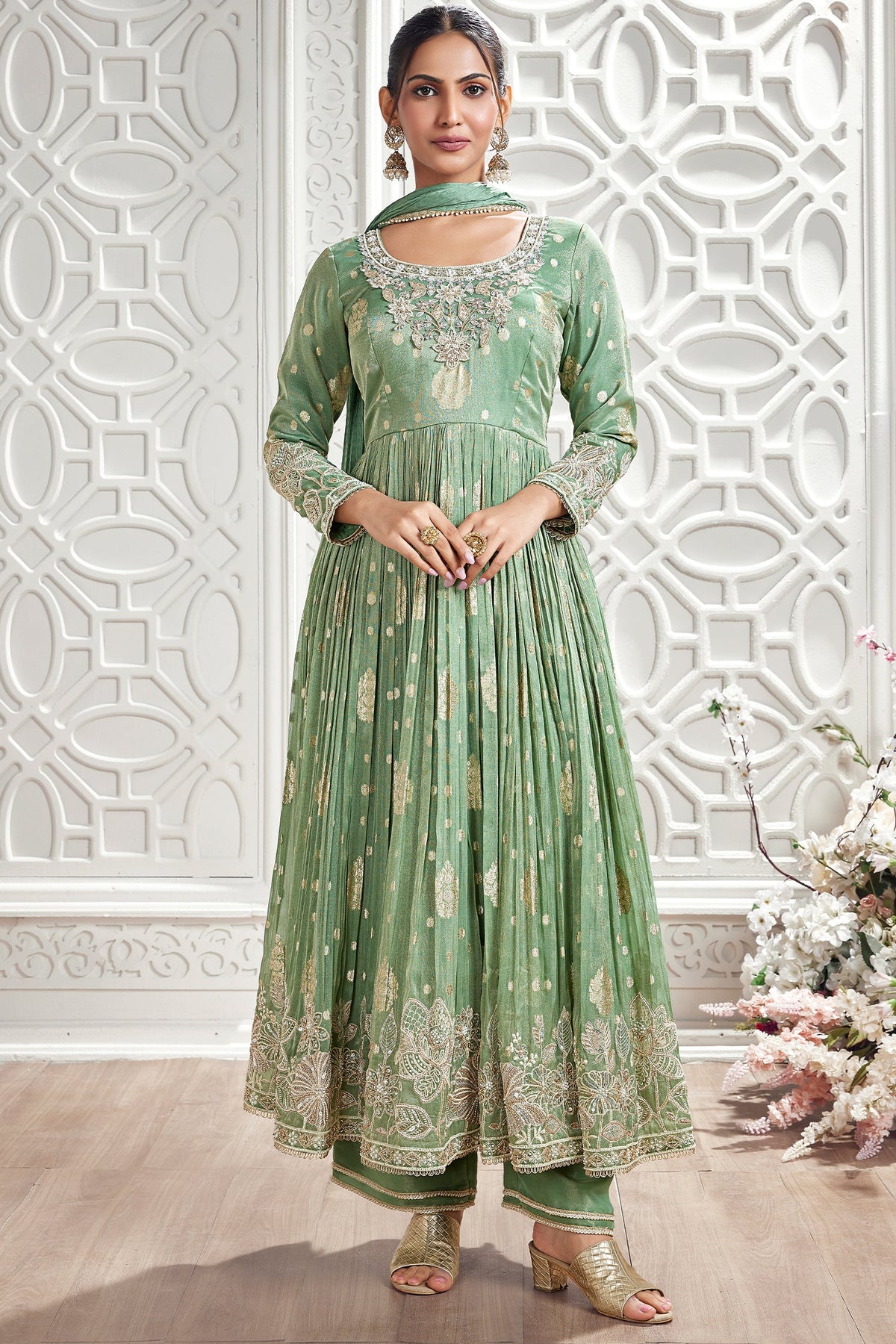 Green Tissue Woven Suit with Beaded and Cutdana Work