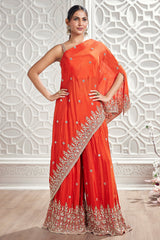 Orange Chinon One Shoulder Mirror and Cutdana Worked Palazzo Set