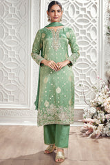 Green Tissue Woven Straight Cut Suit with Beaded and Cutdana Work