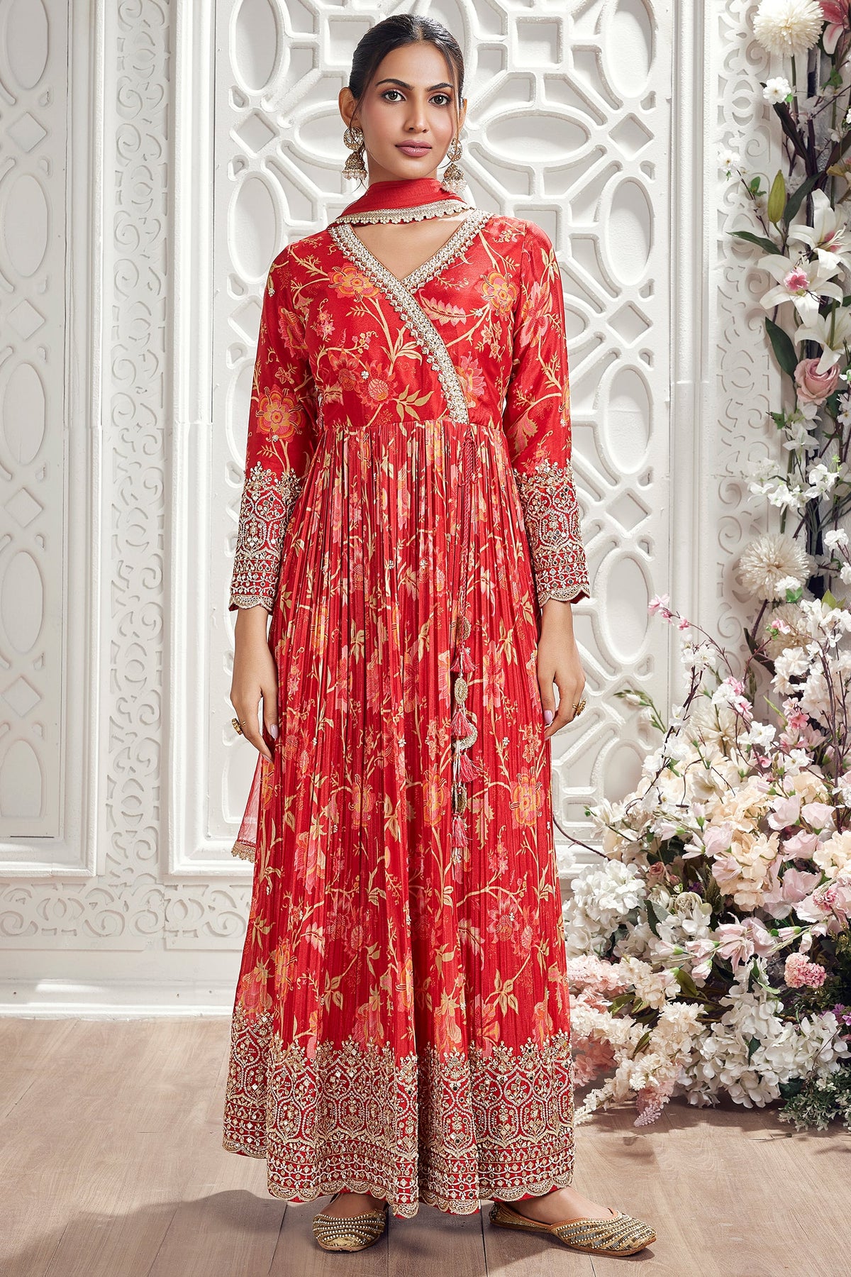 Red Chinon Floral Printed Angrakha Style Anarkali Suit with Beaded Sequin and Mirror Work