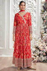 Red Chinon Floral Printed Angrakha Style Anarkali Suit with Beaded Sequin and Mirror Work