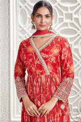 Red Chinon Floral Printed Angrakha Style Anarkali Suit with Beaded Sequin and Mirror Work