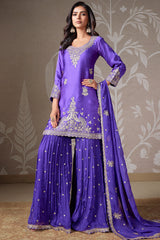 Violet Purple Satin Organza Sequins Worked Sharara Suit