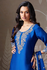 Cobalt Blue Satin Organza Sequinned Sharar Suit