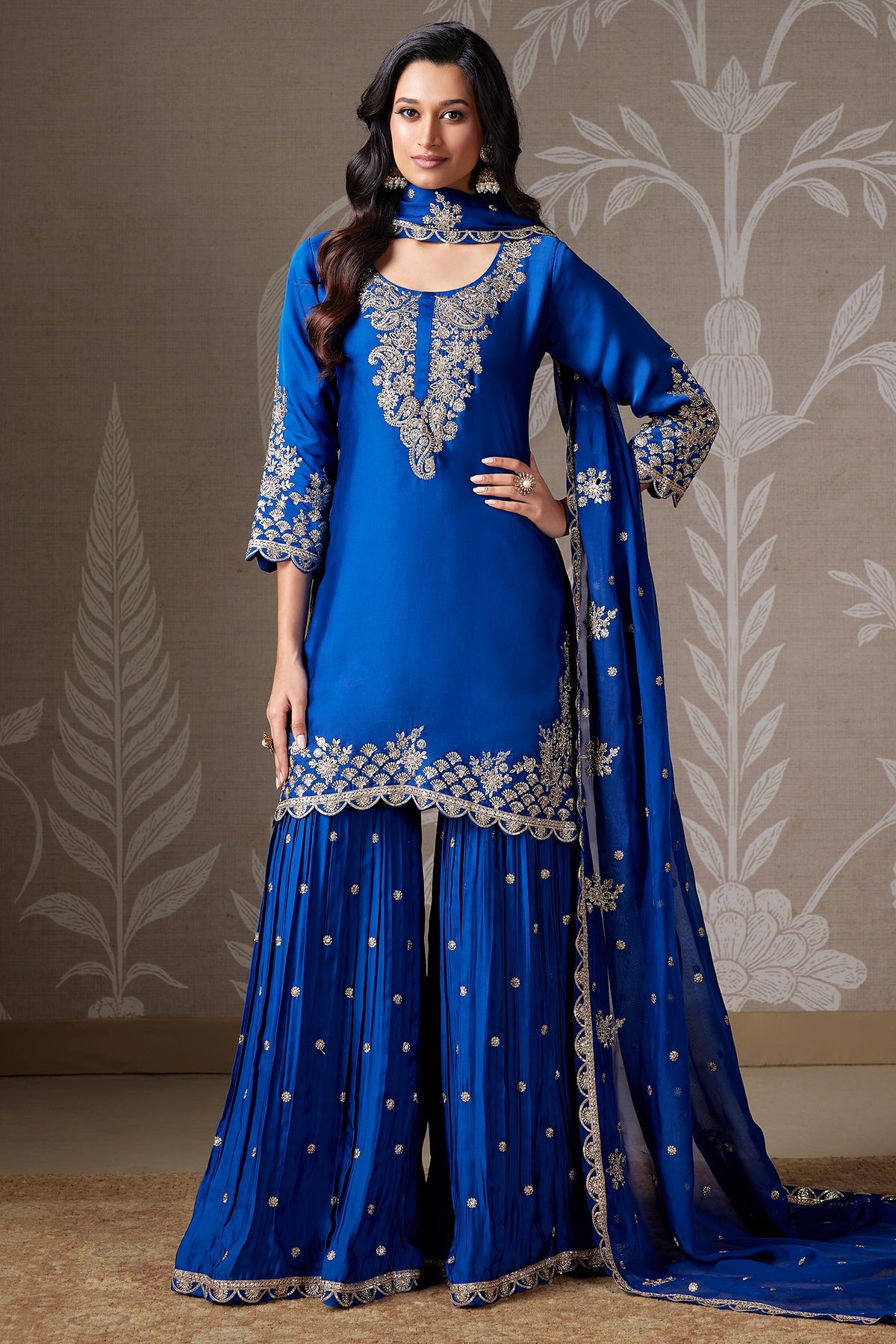 Cobalt Blue Satin Organza Sequinned Sharar Suit