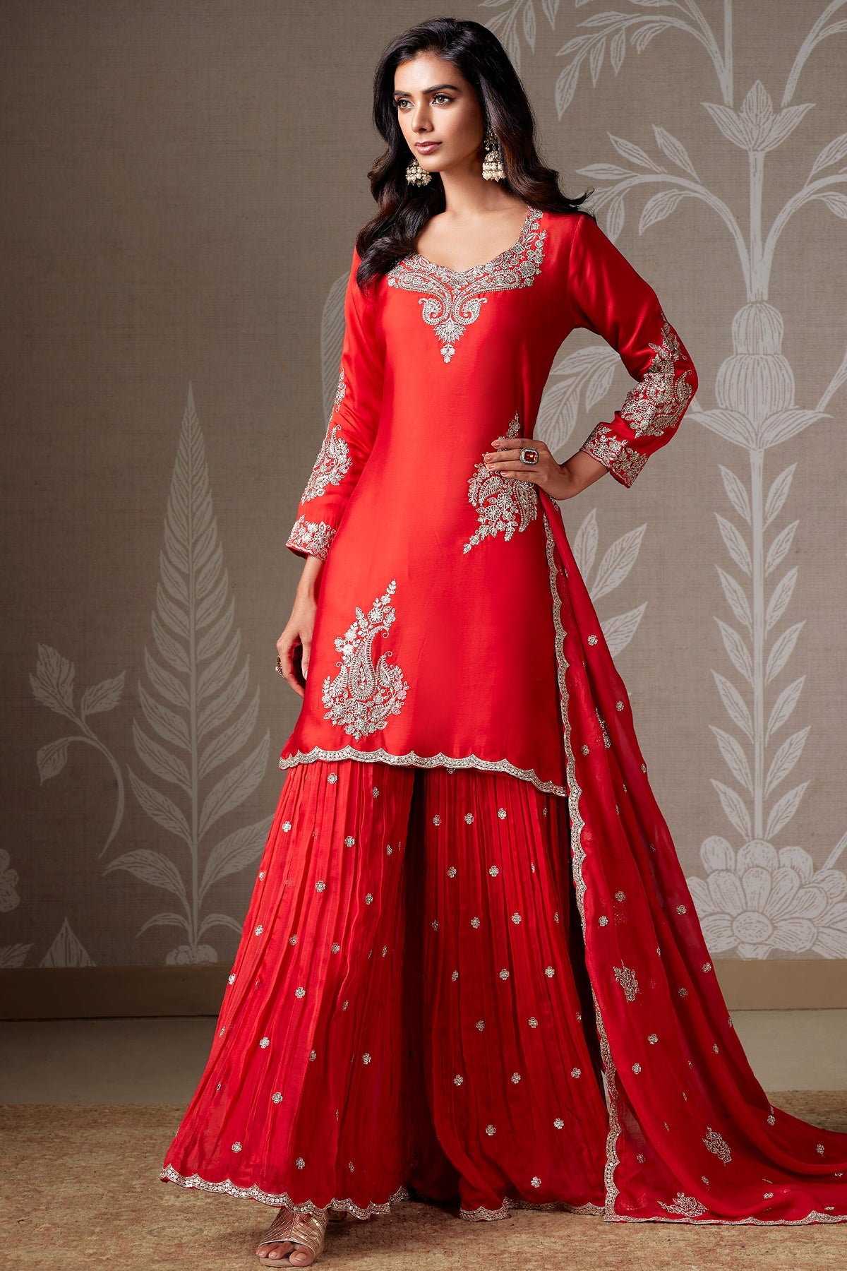 Red Satin Organza Sequin Worked Sharara Suit