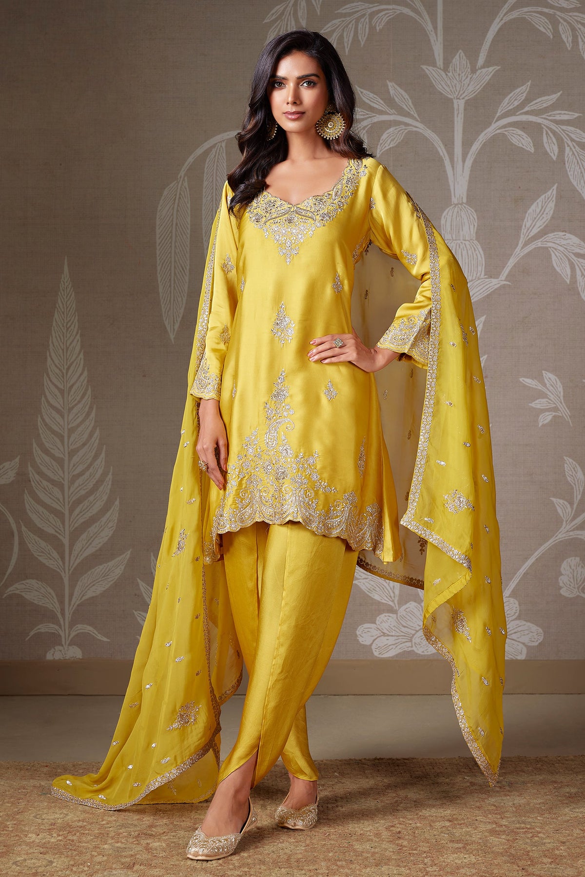 Yellow Satin Organza Sequin Worked Dhoti Suit