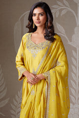 Yellow Satin Organza Sequin Worked Dhoti Suit