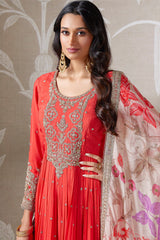 Red Chinon Georgette Sequin Embroidered Anarkali Suit with Floral Print Dupatta