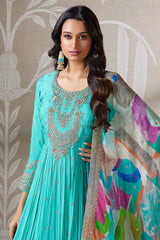 Aqua Blue Georgette Chinon Sequin Worked Anarkali Suit