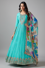 Aqua Blue Georgette Chinon Sequin Worked Anarkali Suit
