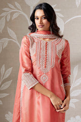 Coral Peach Tissue Organza Straight Cut Beaded and Cutdana Worked Suit