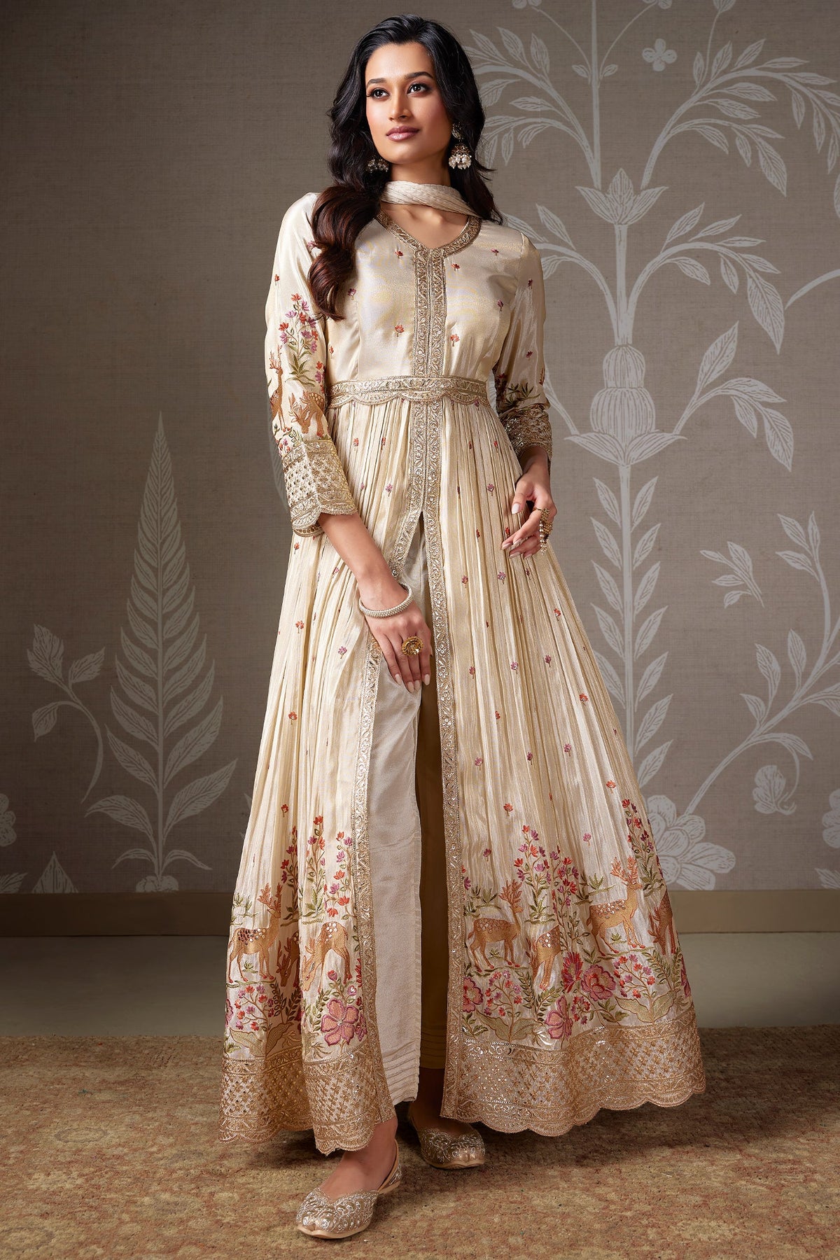 Ivory Beige Tissue Floral Embroidered Slit Cut Suit with Animal Motif
