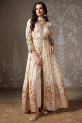 Ivory Beige Tissue Floral Embroidered Slit Cut Suit with Animal Motif