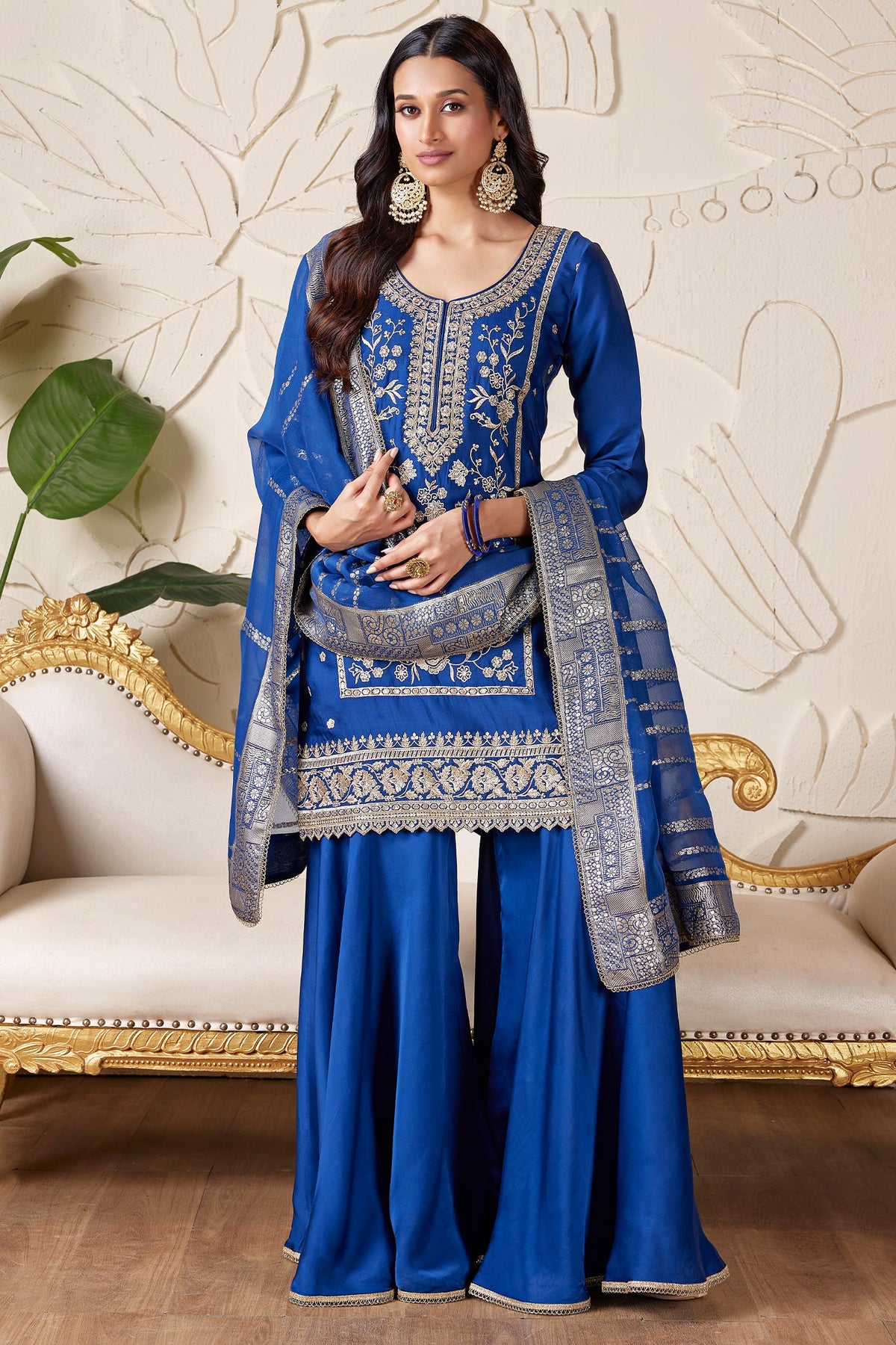 Blue Satin Organza Sequin Embroidered Sharara Suit