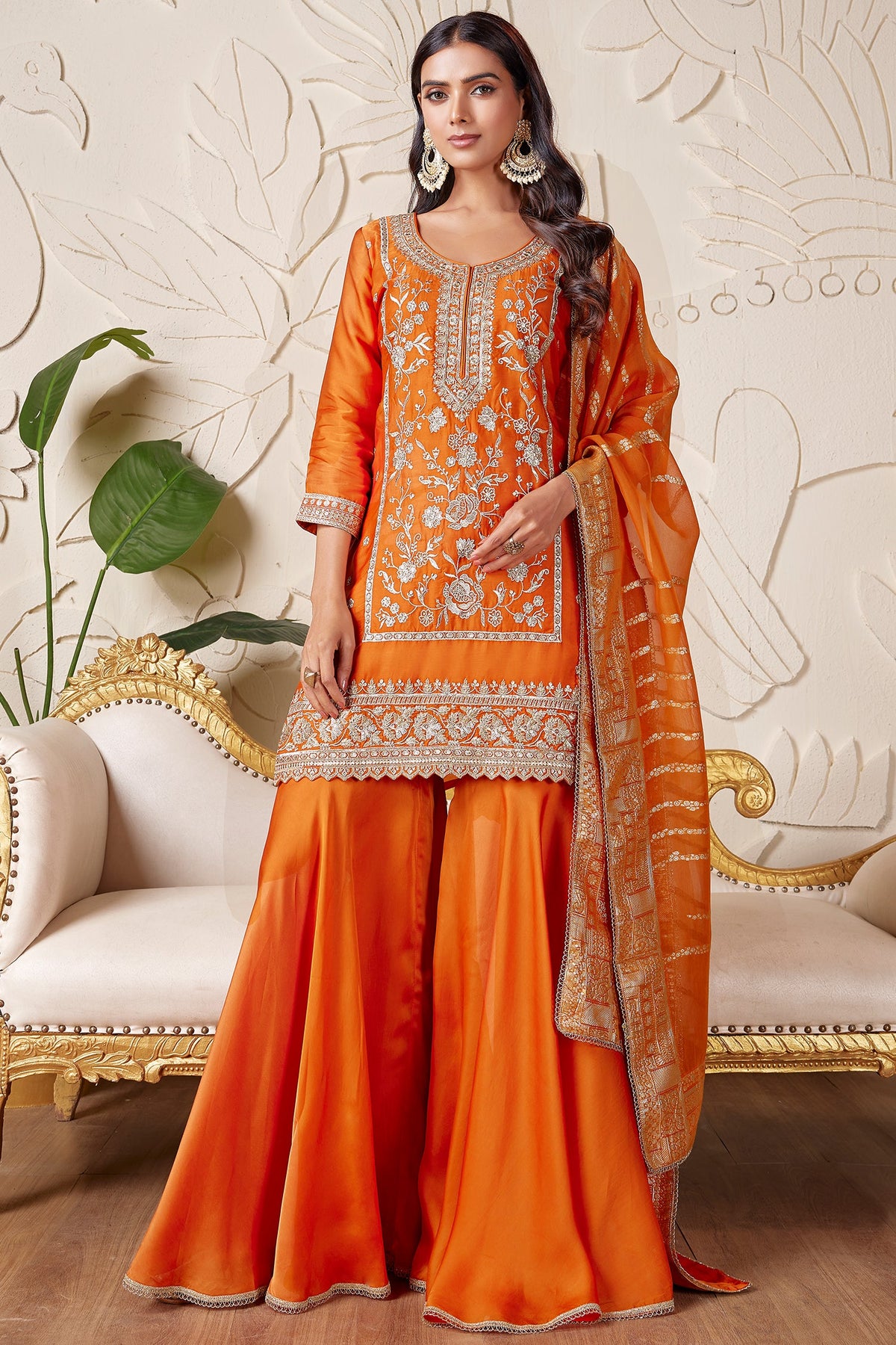 Orange Satin Organza Sequin Embroidered Sharara Suit