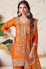 Orange Satin Organza Sequin Embroidered Sharara Suit