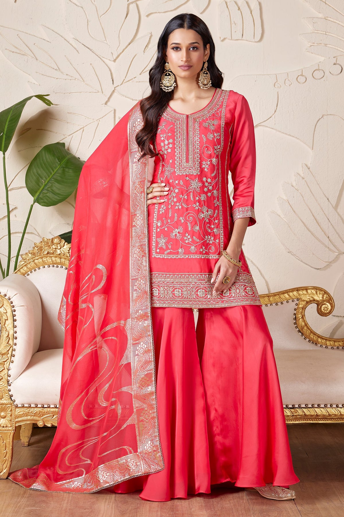Pink Satin Organza Sequin Embroidered Sharara Suit