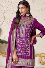 Purple Satin Organza Sequin Embroidered Sharara Suit
