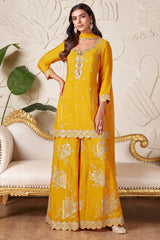 Yellow Tissue Silk Sequin Worked Straight Cut Palazzo Suit