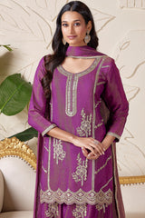 Purple Tissue Silk Sequinned Palazzo Suit