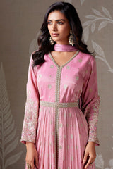 Light Pink Tissue Silk Zari Woven Butti Slit Cut Suit with Cutdana and Sequin Work