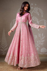 Light Pink Tissue Silk Zari Woven Butti Slit Cut Suit with Cutdana and Sequin Work