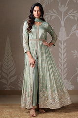 Light Pista Green Tissue Silk Zari Woven Butti Slit Cut Suit with Cutdana and Sequin Work