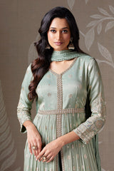 Light Pista Green Tissue Silk Zari Woven Butti Slit Cut Suit with Cutdana and Sequin Work