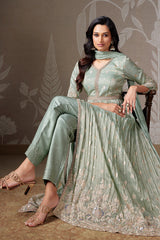 Light Pista Green Tissue Silk Zari Woven Butti Slit Cut Suit with Cutdana and Sequin Work