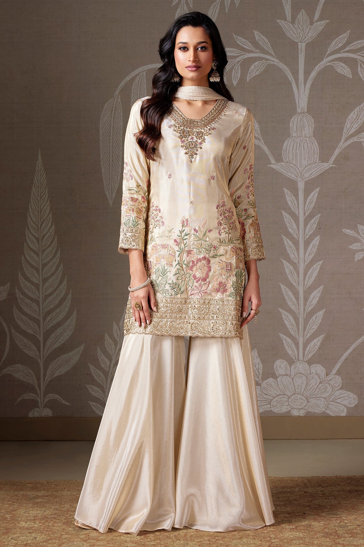 Beige Tissue Silk Floral Embroidered Palazzo Suit with Gota and Zardosi Work