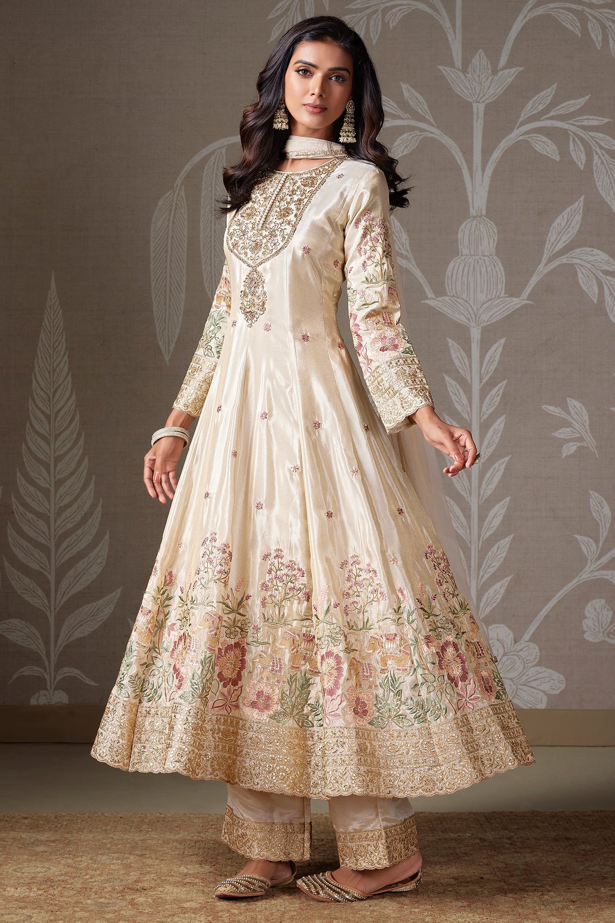 Beige Tissue Silk Floral Embroidered Anarkali Suit with Gota and Zardosi Work