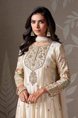 Beige Tissue Silk Floral Embroidered Anarkali Suit with Gota and Zardosi Work