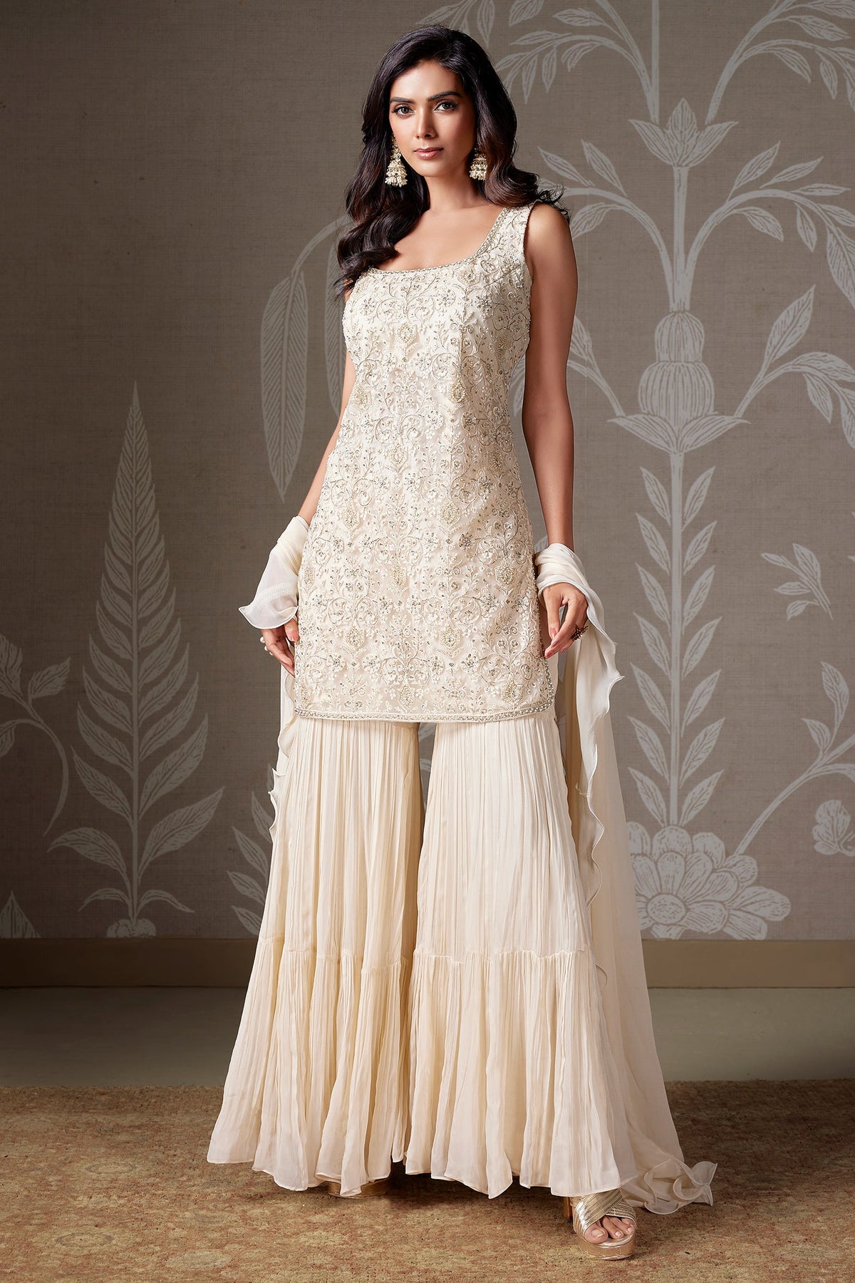 Pearl White Net Sequin and Embroidered Work Sharara Suit