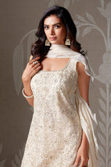Pearl White Net Sequin and Embroidered Work Sharara Suit