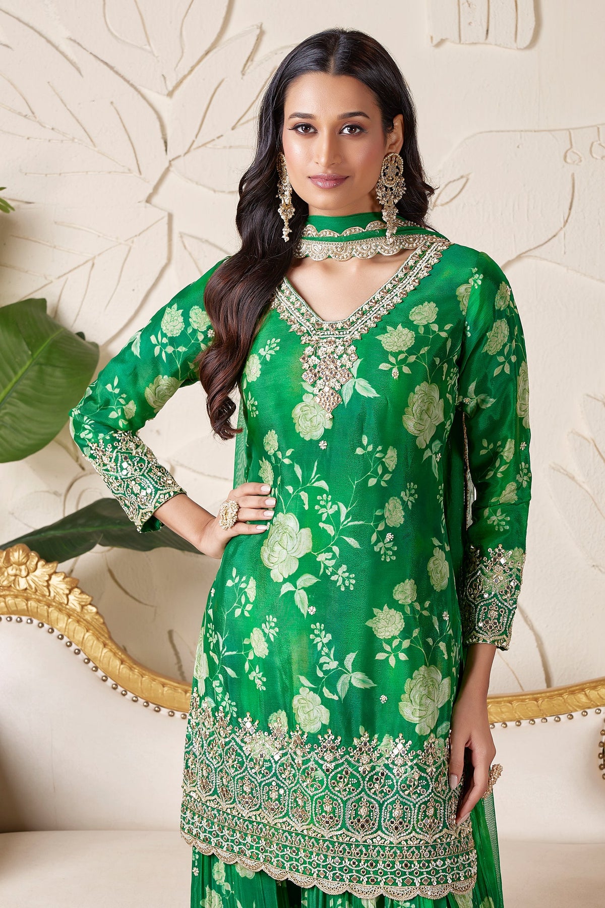 Green Chinon Crepe Silk Floral Printed Sharara Suit with Cutdana and Sequin Work