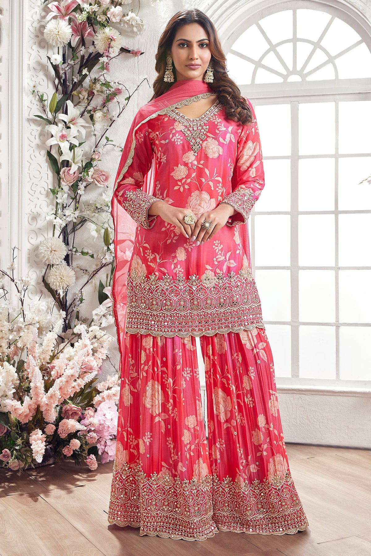 Pink Chinon Crepe Silk Floral Printed Sharara Suit with Cutdana and Sequin Work