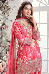 Pink Chinon Crepe Silk Floral Printed Sharara Suit with Cutdana and Sequin Work