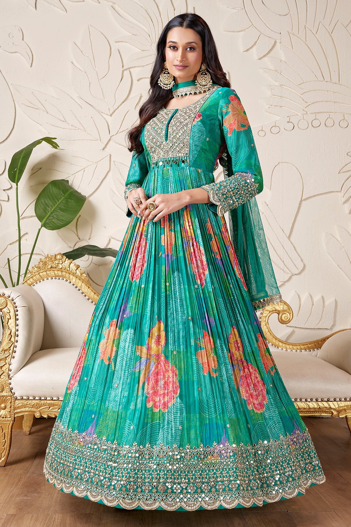 Greenish Yellow Chinon Silk Printed Anarkali Suit with Mirror and Cutdana Work