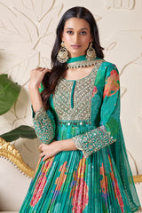 Greenish Yellow Chinon Silk Printed Anarkali Suit with Mirror and Cutdana Work