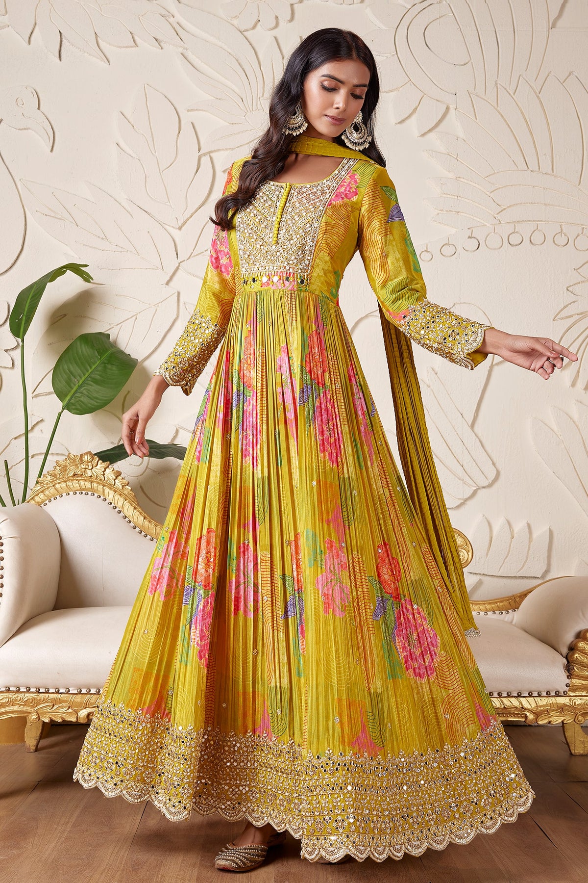 Peacock Green Chinon Silk Printed Anarkali Suit with Mirror and Cutdana Work