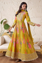 Peacock Green Chinon Silk Printed Anarkali Suit with Mirror and Cutdana Work