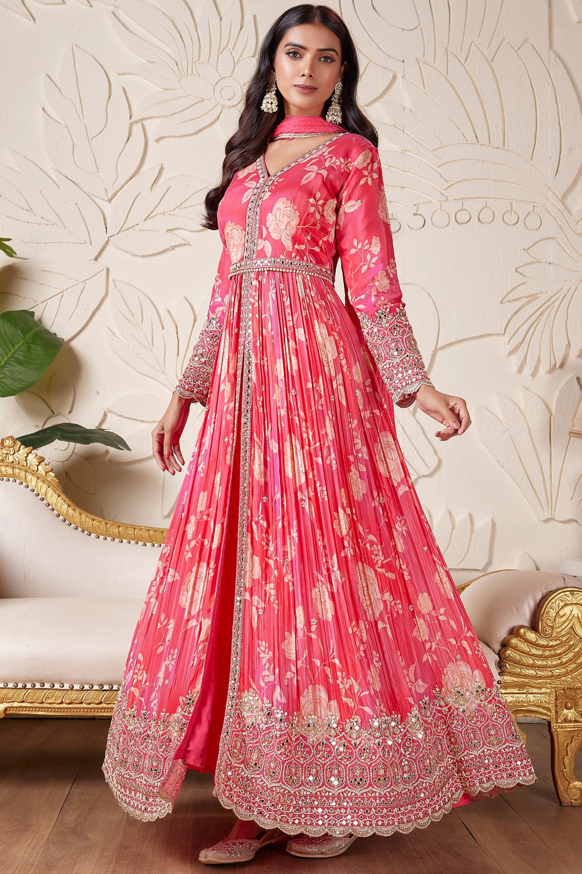 Pink Chinon Silk Floral Printed Slit Cut Suit with Mirror and Sequin Cutdana Work
