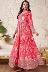 Pink Chinon Silk Floral Printed Slit Cut Suit with Mirror and Sequin Cutdana Work