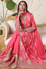 Pink Chinon Silk Floral Printed Slit Cut Suit with Mirror and Sequin Cutdana Work