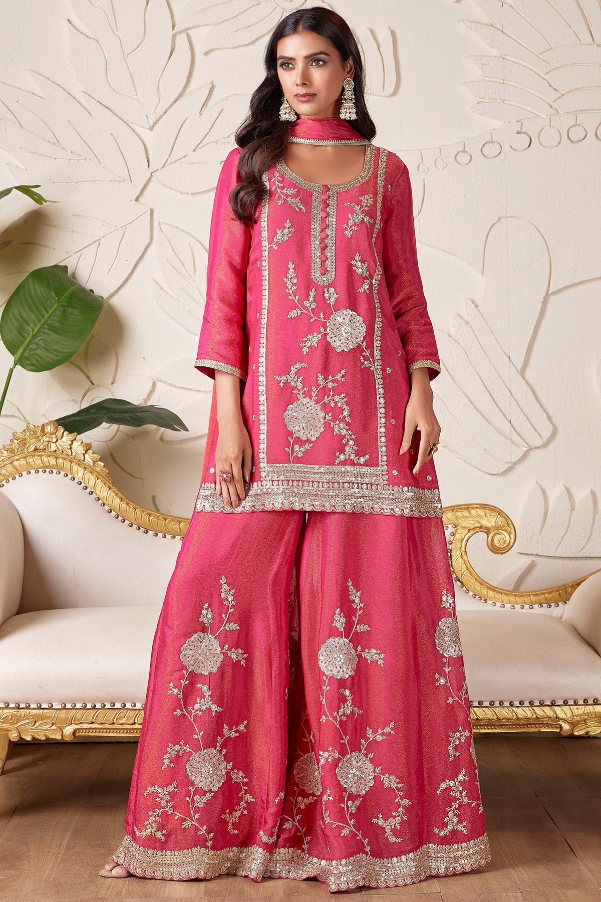 Pink Tissue Silk Sequinned Palazzo Suit